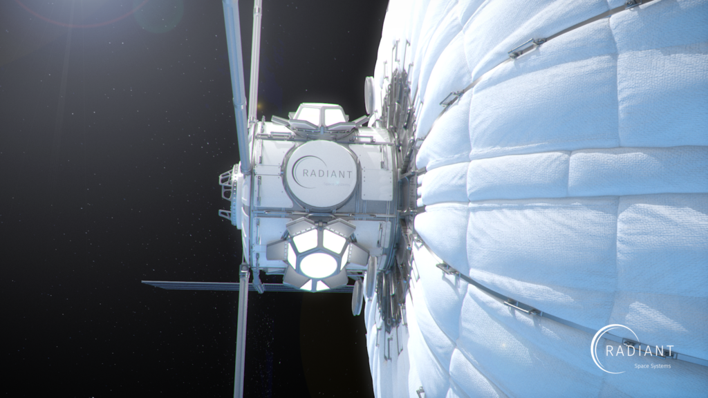 Rendering of exterior of Earthshine Mini from the side. The habitat is expanded and lights illuminate the airlock from the inside.