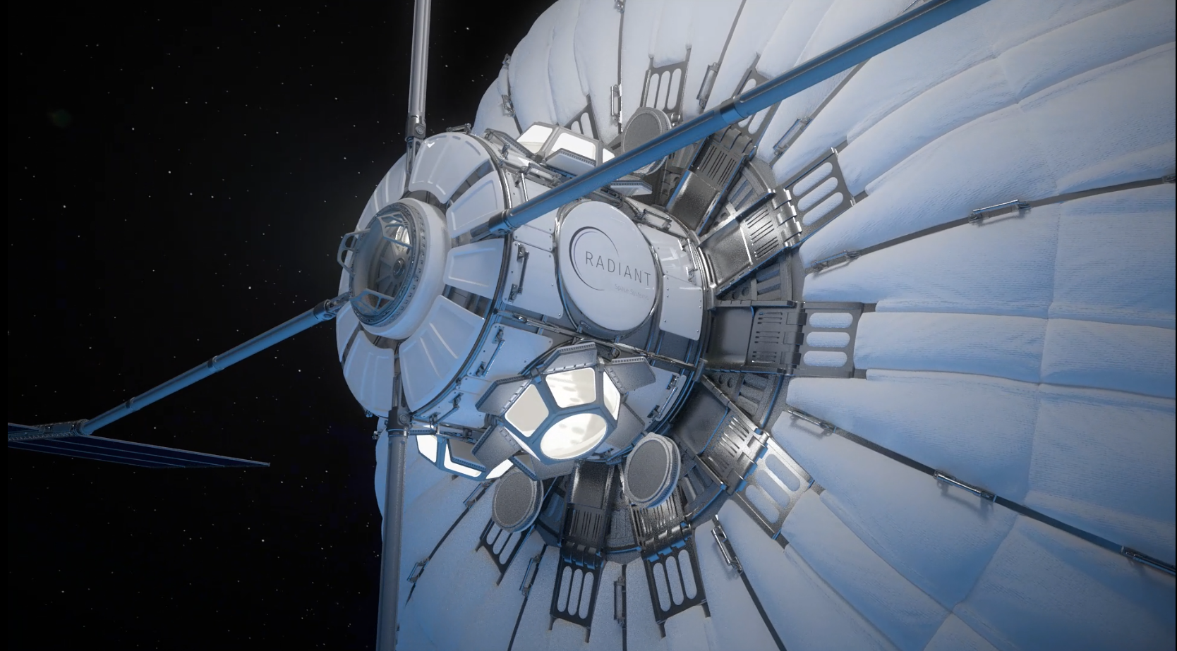 Rendering of exterior of Earthshine Mini. The habitat is expanded and lights illuminate the airlock from the inside.