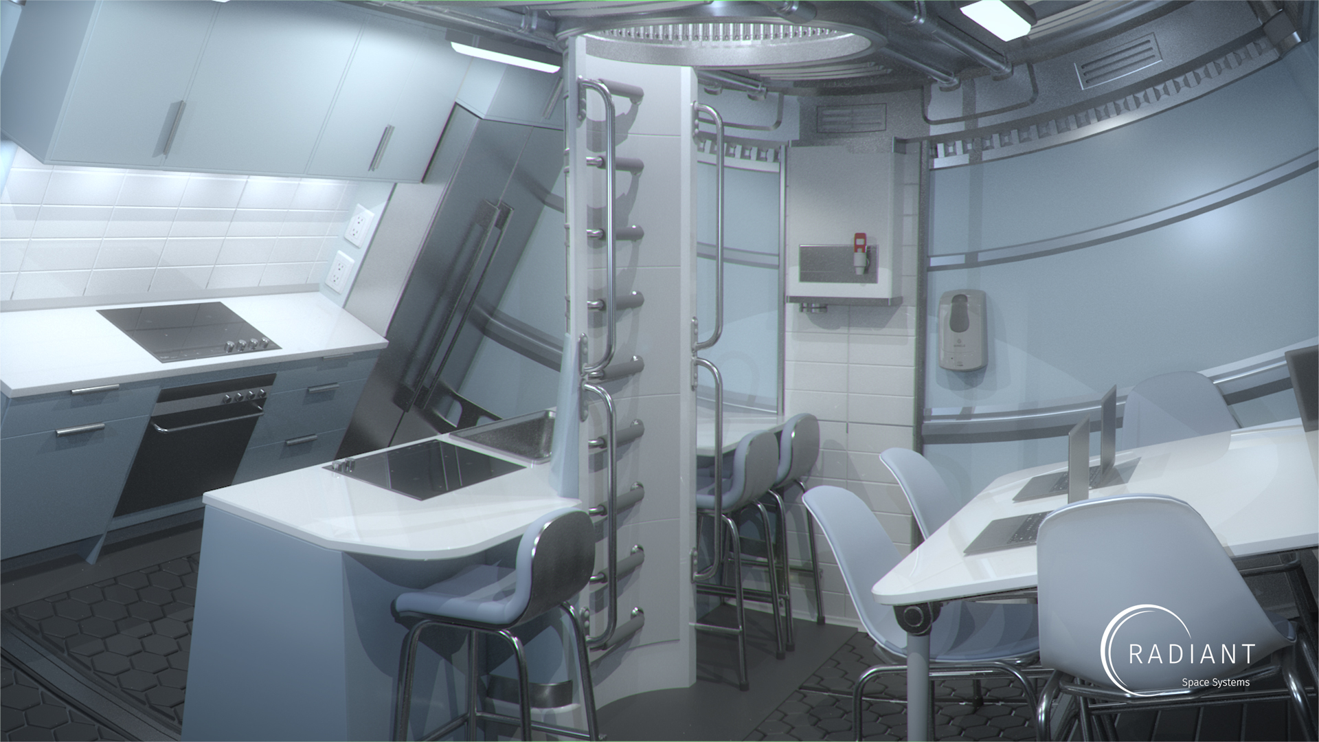 Render of the kitchen and dining area on the interior of Earthshine-Mini.