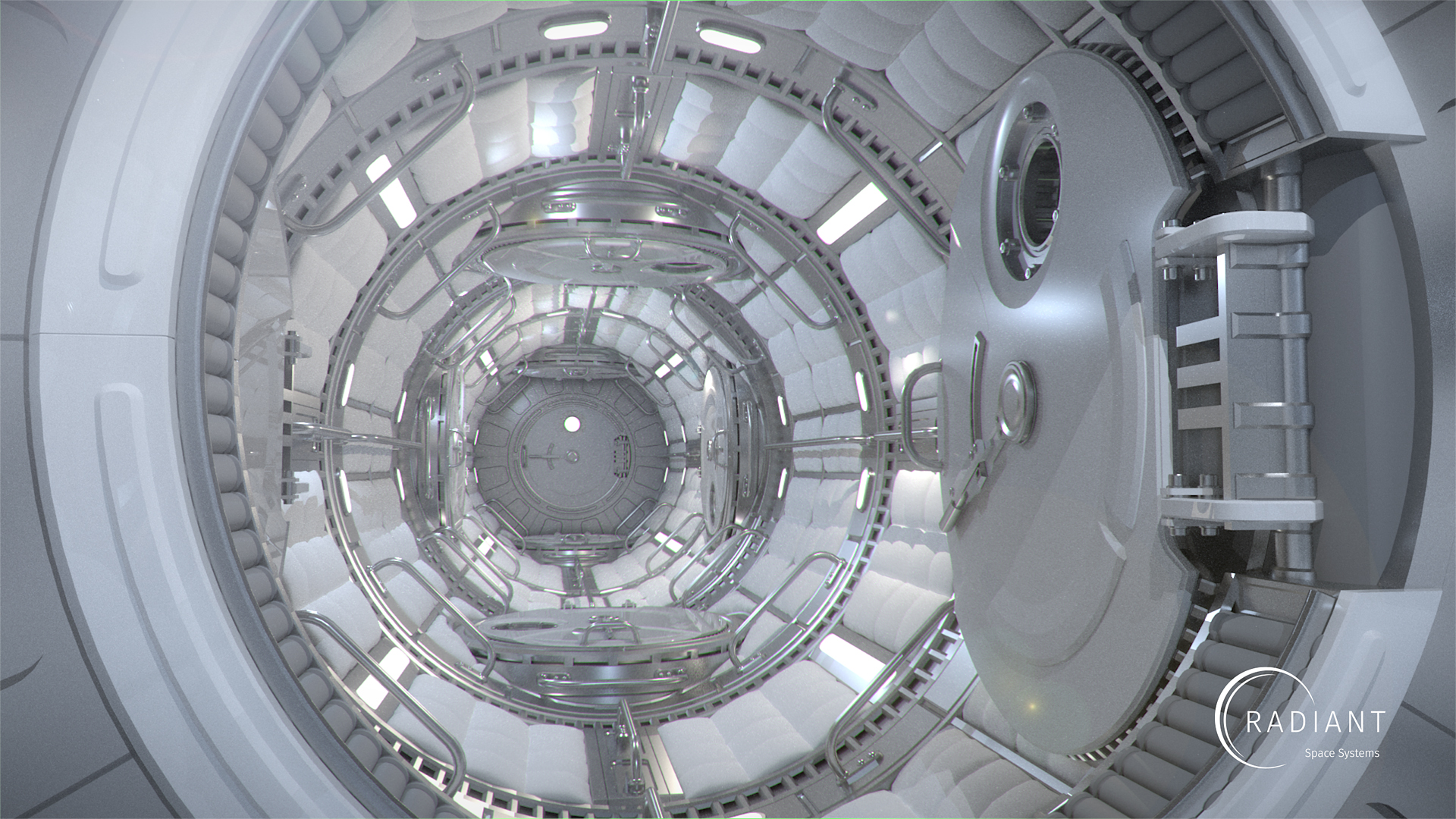 Moving from the cupola to the transit chamber which connects the microgravity area to the rotation matching chamber.